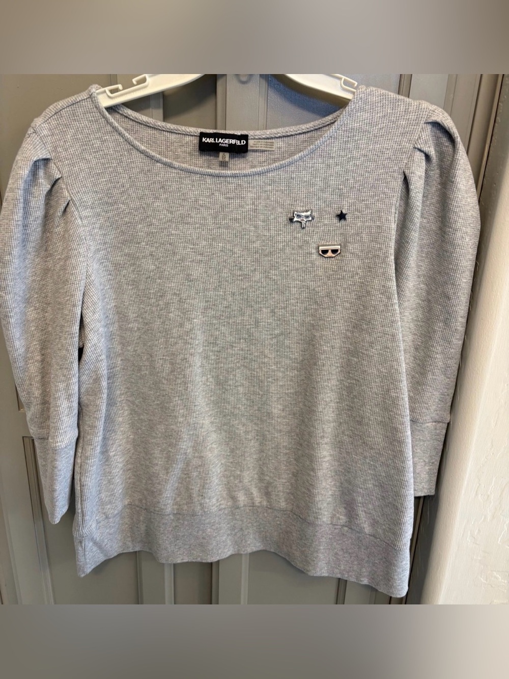 Karl Lagerfeld Paris Gray Puff Sleeve Knit Top